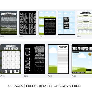 May include: A collection of graduation-themed templates with various designs. Includes templates with text like "Congratulations!", "Senior", "Memories & Reflections", "Class of 2026", "Gallery of the Stories!", "Graduation Word Search", "Thank You", "A Letter to Your Future Self", and "She Achieved It!"
