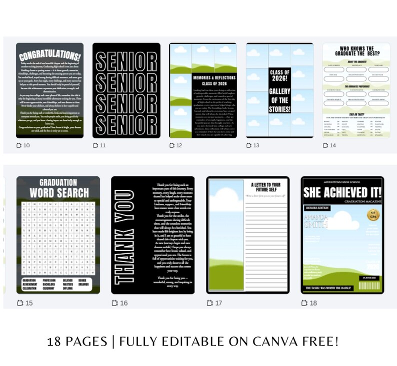 May include: A collection of graduation-themed templates with various designs. Includes templates with text like "Congratulations!", "Senior", "Memories & Reflections", "Class of 2026", "Gallery of the Stories!", "Graduation Word Search", "Thank You", "A Letter to Your Future Self", and "She Achieved It!"