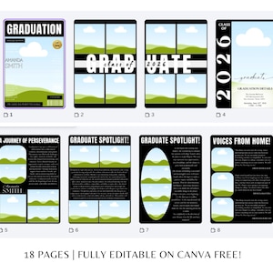 May include: A collection of graduation-themed templates with various layouts. The designs feature text like "Graduation," "Graduate," and "Class of 2026." The color scheme includes green, white, and black, with cloud and landscape graphics. The text "18 PAGES | FULLY EDITABLE ON CANVA FREE!" is also visible.
