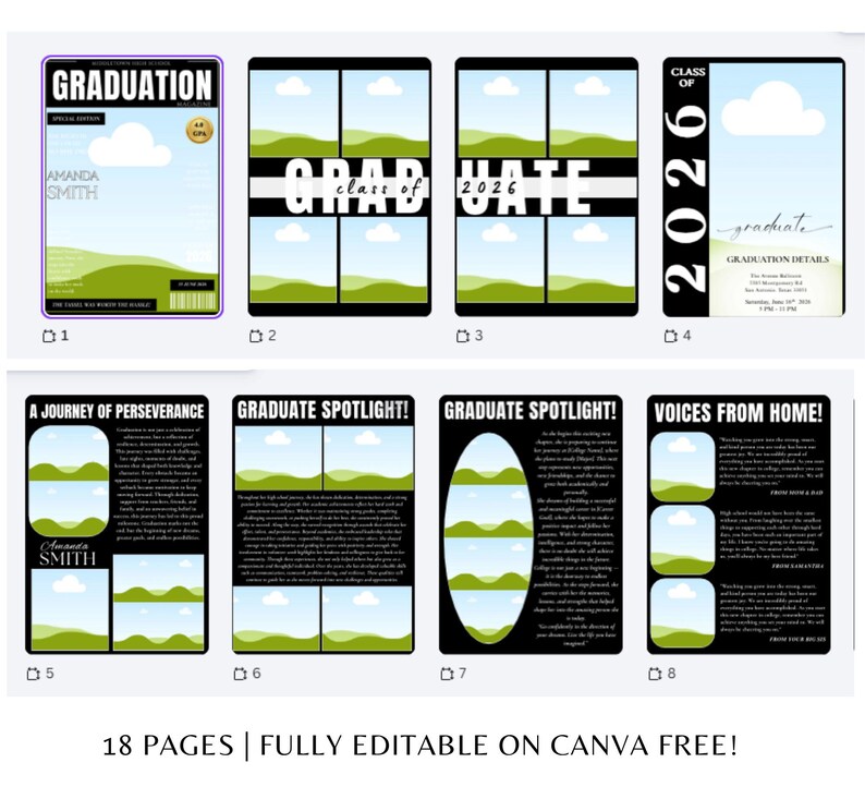 May include: A collection of graduation-themed templates with various layouts. The designs feature text like "Graduation," "Graduate," and "Class of 2026." The color scheme includes green, white, and black, with cloud and landscape graphics. The text "18 PAGES | FULLY EDITABLE ON CANVA FREE!" is also visible.