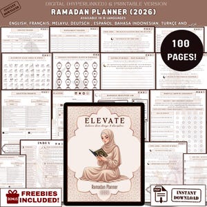 Puede incluir: Planificador digital y imprimible del Ramadán (2026) con 100 páginas, disponible en 8 idiomas. Incluye rastreadores, indicaciones de gratitud y una evaluación del crecimiento espiritual. La portada muestra a una mujer leyendo un libro.
