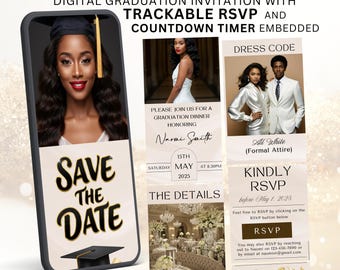 Zapisz datę cyfrowego zaproszenia na ukończenie szkoły z RSVP, edytowalne zaproszenie internetowe na przyjęcie ukończenia szkoły, animowane ogłoszenie o ukończeniu szkoły