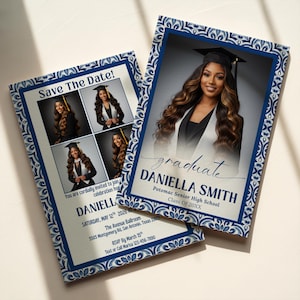 Puede incluir: Dos anuncios de graduación con un borde floral azul y blanco. Uno presenta una foto de la graduada y la palabra "graduate". El otro dice "Save The Date!" e incluye varias fotos de la graduada. El texto incluye el nombre, la escuela y los detalles del evento.