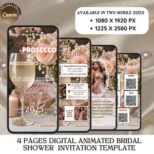 Op de afbeelding: Digitale geanimeerde bruidsdouche-uitnodigingssjabloon weergegeven op vier smartphones. Het ontwerp bevat bloemaccenten, champagneglazen en de tekst "Pearls & Prosecco". Inclusief RSVP-details, evenementinformatie en dresscode.