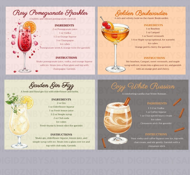 Editable Cocktail Recipe Card Template: Watercolor Illustrations ...