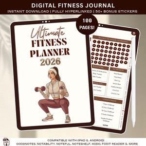 May include: Digital fitness journal with the text "Ultimate Fitness Planner 2026". The journal includes a weekly planner, wellness, nutrition, and fitness log sections. The cover features an illustration of a person exercising with weights. The journal has 100 pages.
