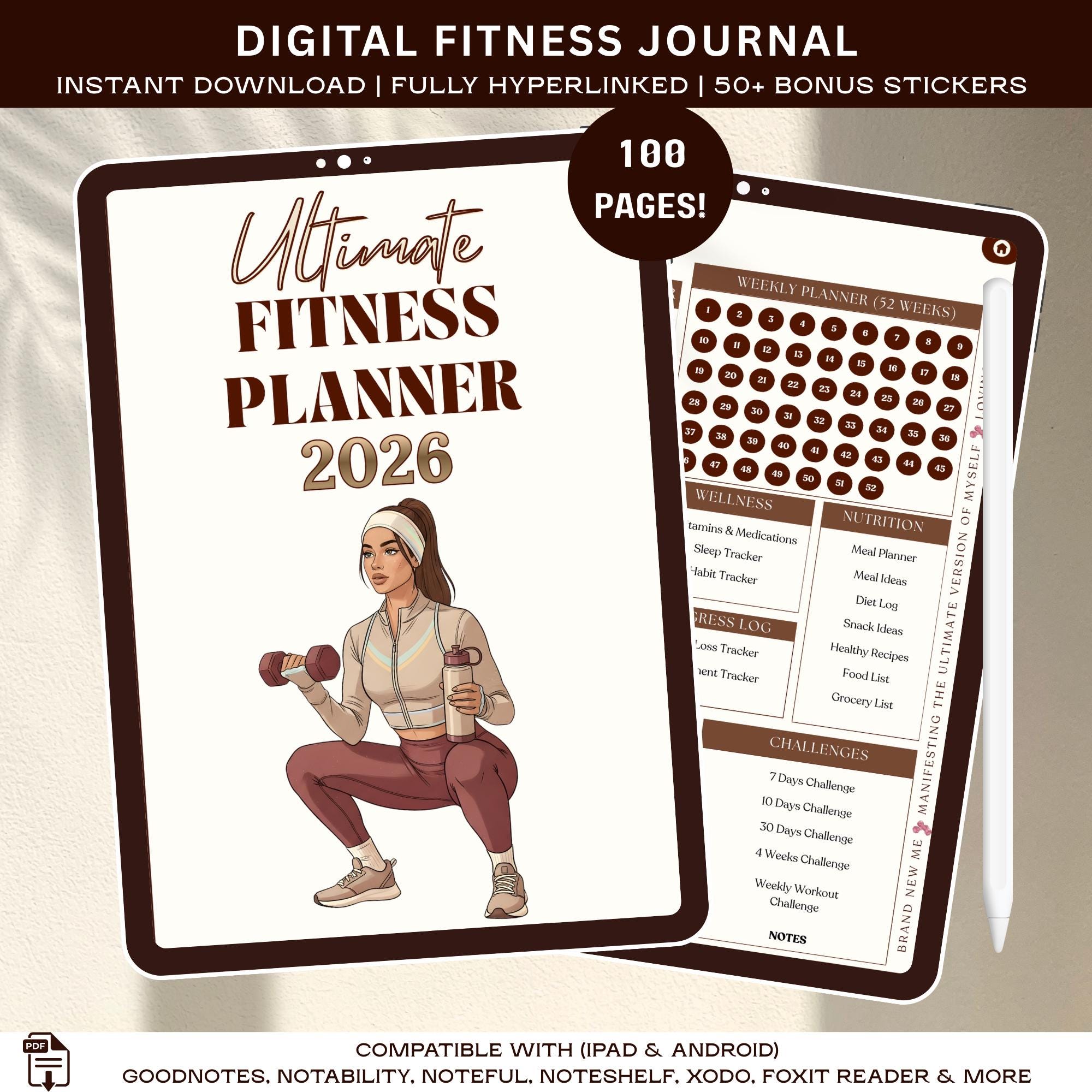 2026 Digital Fitness Planner, Weight Loss Journal, Workout Log, Goodnotes, Notability (instant ...