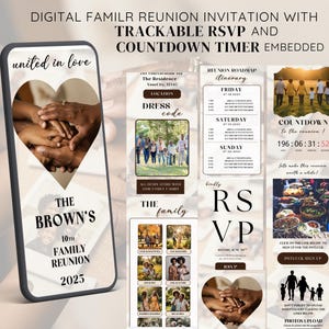 May include: A digital family reunion invitation on a smartphone, featuring a heart-shaped photo of hands. The invitation includes a countdown timer, RSVP, and event details. The text reads "The Brown's 10th Family Reunion 2025."