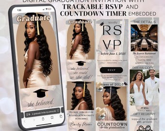 Cyfrowe zaproszenie na przyjęcie z okazji ukończenia szkoły, Edytowalne zaproszenie na ukończenie szkoły z możliwością śledzenia RSVP, Nowoczesne internetowe ogłoszenie o ukończeniu szkoły, Ona to zrobiła, Klasa 2026