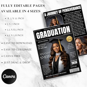May include: A graduation magazine cover with a photo of a graduate in a cap and gown. The magazine is titled "Graduation" and includes the text "Class of 2026". The image also includes the Canva logo and text about the product.
