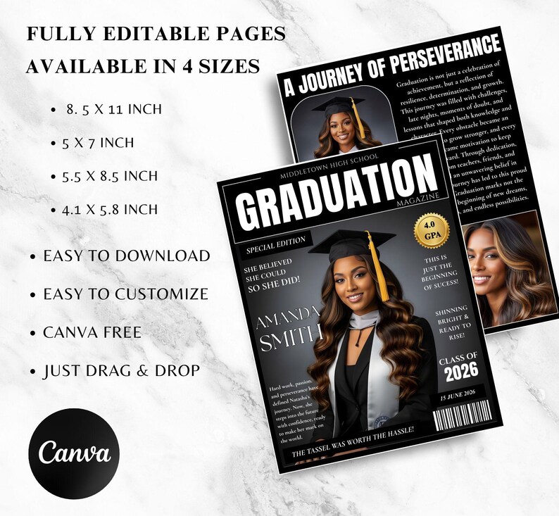 May include: A graduation magazine cover with a photo of a graduate in a cap and gown. The magazine is titled "Graduation" and includes the text "Class of 2026". The image also includes the Canva logo and text about the product.