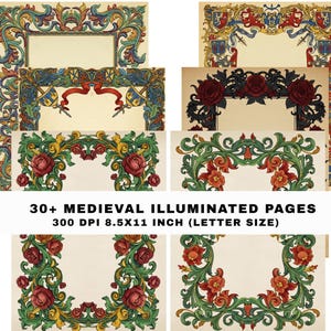 Op de afbeelding: Een verzameling middeleeuwse geïllumineerde pagina's met sierlijke randen. De ontwerpen bevatten bloemen en heraldische elementen in rood, groen, blauw en goud. De tekst luidt: "30+ MEDIEVAL ILLUMINATED PAGES 8.5x11 INCH (LETTER SIZE)".