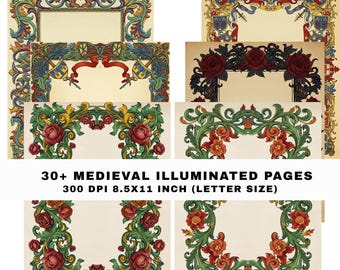 Pode incluir: Uma coleção de páginas medievais iluminadas com bordas ornamentadas. Os desenhos apresentam elementos florais e heráldicos em vermelho, verde, azul e dourado. O texto diz: "30+ MEDIEVAL ILLUMINATED PAGES 8.5x11 INCH (LETTER SIZE)".