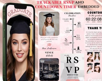 Cyfrowe zaproszenie na ukończenie studiów z RSVP, różowe, edytowalne ogłoszenie internetowe o ukończeniu studiów, klasa 2026 (szablon Canva, wersja cyfrowa do pobrania)