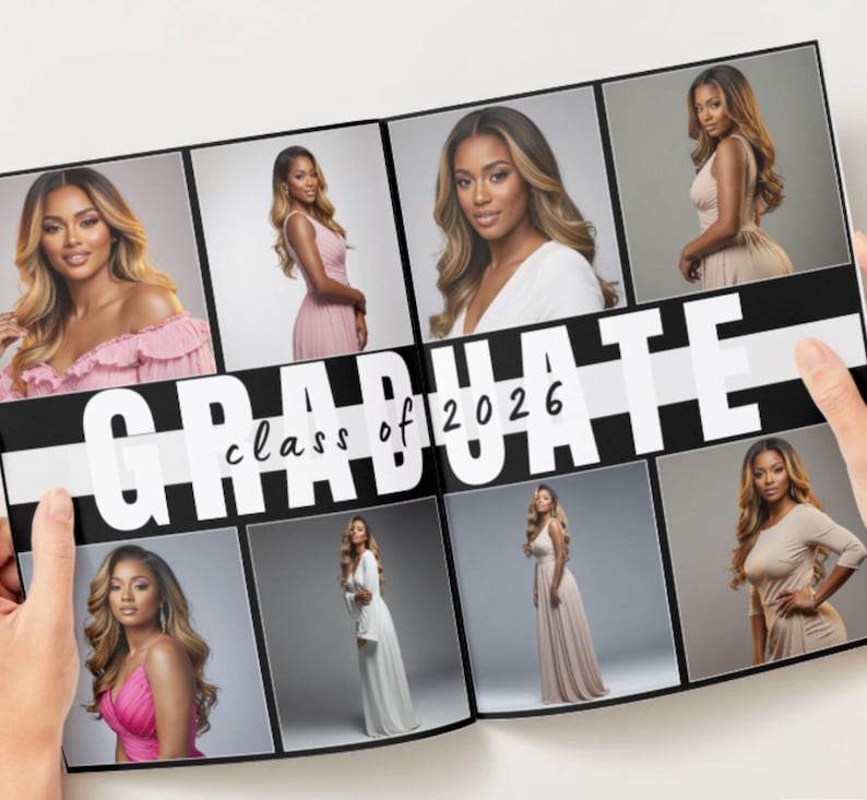 May include: A graduation photo album with multiple portraits of a woman in various outfits. The album features the word "GRADUATE" in large white letters, with "class of 2026" below. The album is held open by hands.