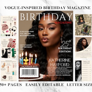May include: A magazine cover with the headline "BIRTHDAY MAGAZINE" featuring a woman holding a cake with candles. The cover includes text: "25th Birthday Edition", "Katherine Hayford", and "October 2025". Additional pages show beauty and fashion content.