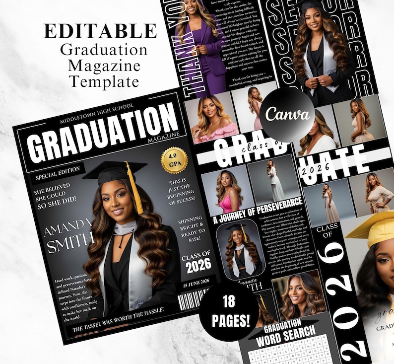 May include: A graduation magazine template with a black and white design. The cover features a photo of a graduate in a cap and gown, with the text "GRADUATION MAGAZINE" and "CLASS OF 2026". The template includes 18 pages.