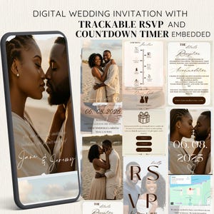 May include: Digital wedding invitation on a smartphone, with photos of a couple. The invitation includes a trackable RSVP, countdown timer, and wedding details. The date 06.08.2025 is visible, along with the names Jane & Jeremy.