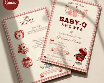 Baby-Q Baby Shower Invitation, Backyard BBQ Party Red Gingham Invite, Editable Couples Shower Card (Digital Download, Canva Template)