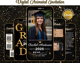 Animated Graduation Invitation, Editable Gold Theme Class of 2026 Party, Canva Template (Digital Download)