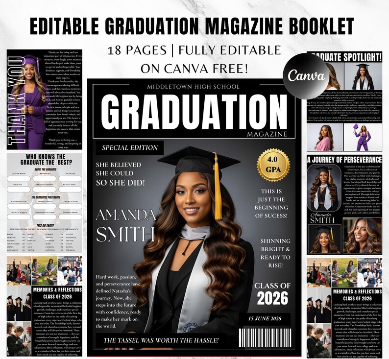 May include: An editable graduation magazine booklet with a black and white design. The cover features a graduate in a cap and gown. Text includes "Graduation Magazine," "Class of 2026," and "Amanda Smith."