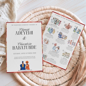 May include: Two wedding ceremony cards with text and illustrations. The left card announces the marriage of Olumide Adeyemi & Oluwatosin Babatunde, Saturday, 20th October 2026. The right card is a guide to the traditional ceremony.