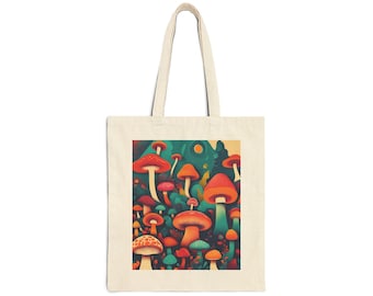 Psychedelic Mushroom Cotton Canvas Tote Bag, Retro Fungi Art