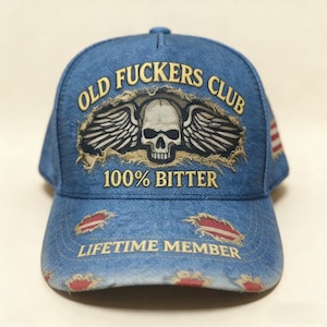 Casquette en jean vieilli Old Fuckers Club | Bonnet papa ajustable imprimé en 3D