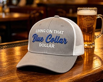 Blauwe kraag truckerpet | Grappige werkmuts van ademend gaas voor heren Verstelbare hardwerkende vaderpet