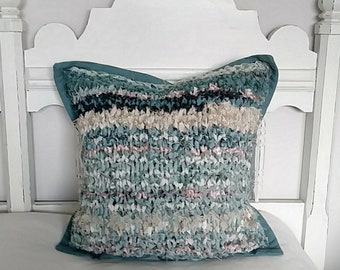 Ooak knit front pillow cover on Anna French dyed wheat - Petrol.