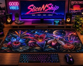 Cosmic Floral Garden Desk Mat | Space Orchids Mouse Pad