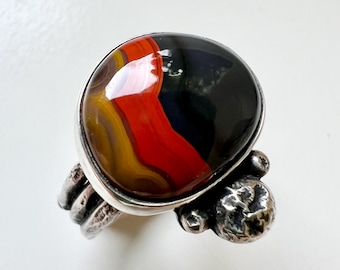 Estill - primitive red black yellow Kentucky agate stone cabochon, granules, sterling silver metalwork unisex ring