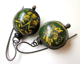 Don't Let Anybody Tell You Different - primitive vintage soldered rusty pine green yellow tin hollow bauble bead black metal earrings
