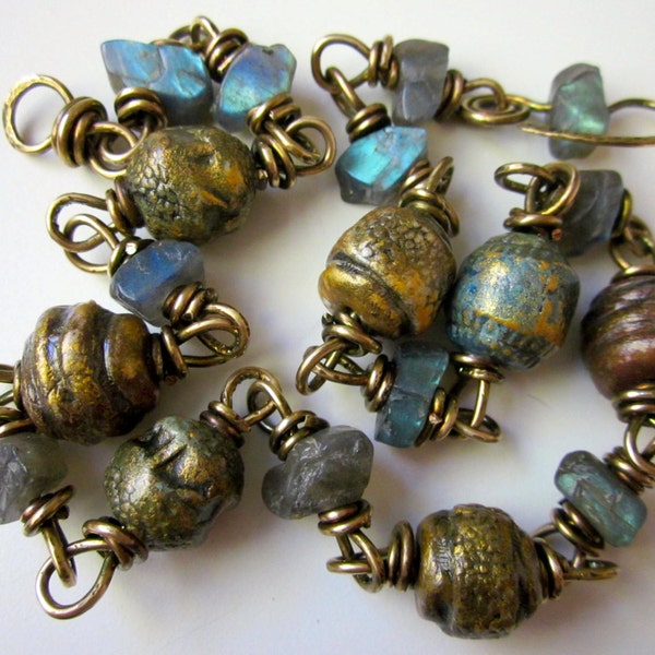 Rhythm of the Heat - chunky primitive statement jewel tone porcelain art beads, flashy blue labradorite stone nuggets, & ox brass choker