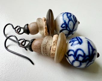 Everything Once Within Reason - primitive assemblage stacked blue white china ceramic bead, ostrich shell, trade bead soldered metal earring