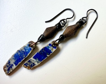 Sleeping Rough - primitive organic blue lapis lazuli stone shards, crusty textured metal beads, soldered earrings