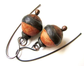Doggerel - primitive modern artifact terracotta rust cream ceramic art bead, hollow textured copper, soldered black metal bauble earrings