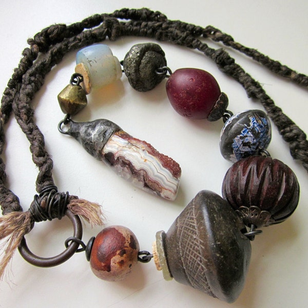 Betchya Never Lose My Love - primitive long assemblage cranberry red drusy, African trade bead, blue willow tin, wood, hemp macrame necklace