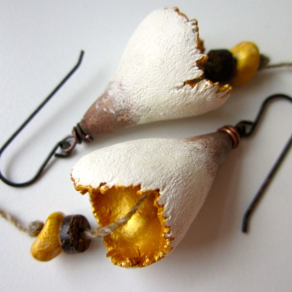 Her Mouth is Filled with Honey - primitive bone white and gilded gold polymer clay bell flower, wood bead, hemp yarn, & black brass earrings