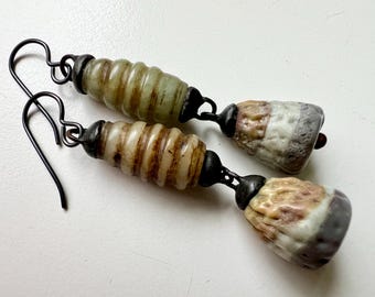 A January of the Spirit - primitive tribal green gray brown handmade glass bead, serpentine trade bead, black metal soldered dangle earrings