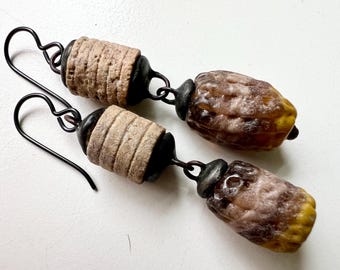 Genesis Does Not Stop - primitive organic tribal yellow brown handmade lampwork glass beads, crinoid fossil, black metal soldered earrings