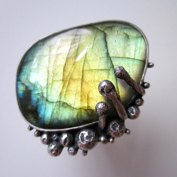 Harbinger of God Knew What - primitive organic golden olive green labradorite stone, prongs, oxidized sterling silver metalwork bezel ring