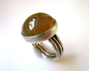 As A Whip Makes a Cur - primitive minimalist soft black tea brown chalcedony stone cabochon, textured sterling silver simple round ring