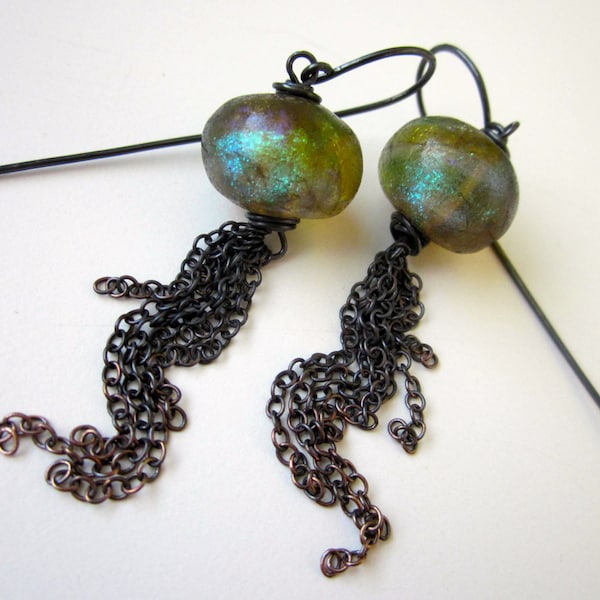 This Heavenly Body - primitive iridescent cosmic aqua teal violet lampwork glass Basha beads and ombre oxidized copper chain fringe earrings