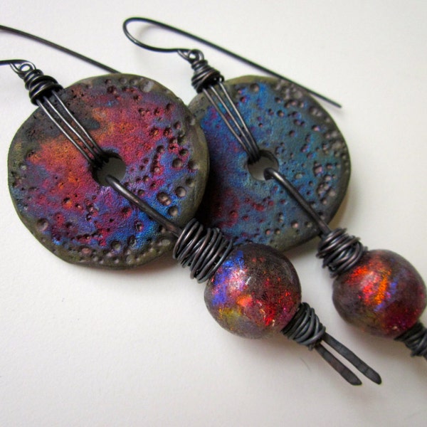 The Moon is Red - magenta indigo primitive raku disc, red garnet orange fire lampwork glass Basha beads, & ox copper wire wrapped earrings