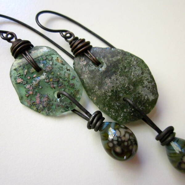 Olivine - ancient crusty iridescent cosmic olive teal green Roman glass, mossy swirled lampwork glass drops, & oxidized copper earrings