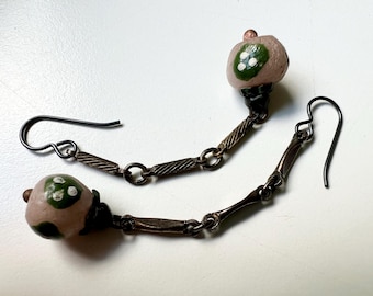 The Consequences of Mischief - primitive assemblage mismatched brass chain and green & white African glass trade bead swingy dangle earrings
