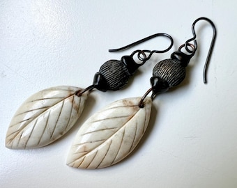 We Know We’ll Be Ghosts Again - primitive organic carved white amazonite stone leaves, crusty textured metal beads, soldered earrings