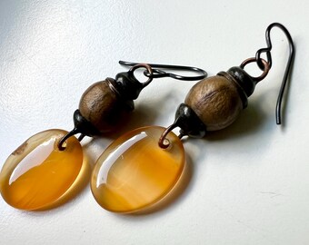 A Great and Sublime Fool - primitive organic honey orange agate stone ovals, wood bead, bead cap soldered earrings