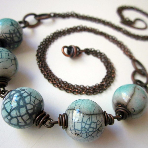 A Different Drum - primitive rustic sky blue crackle round ceramic raku beads, chunky chain links, and layered oxidized copper necklace
